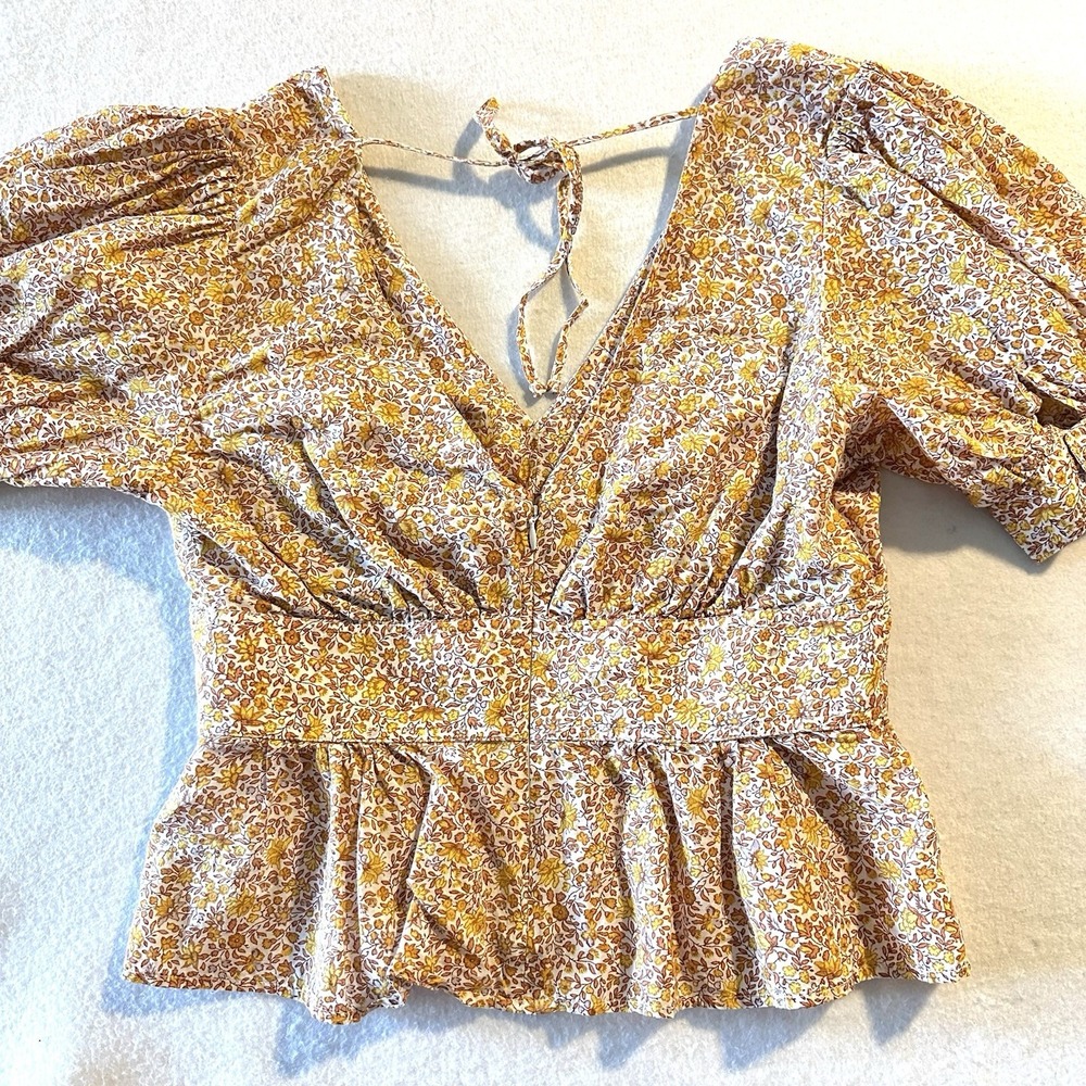J‎ Crew sz 10 Puff-Sleeve V-Neck Top Yellow Scattered Blooms Floral Print - Picture 13 of 16